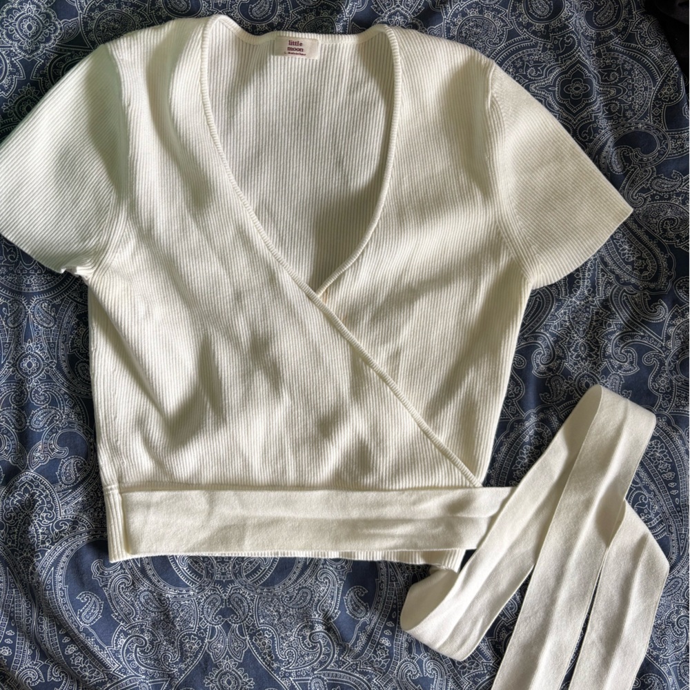 Aritzia Little Moon White Ribbed Knit Wrap Top